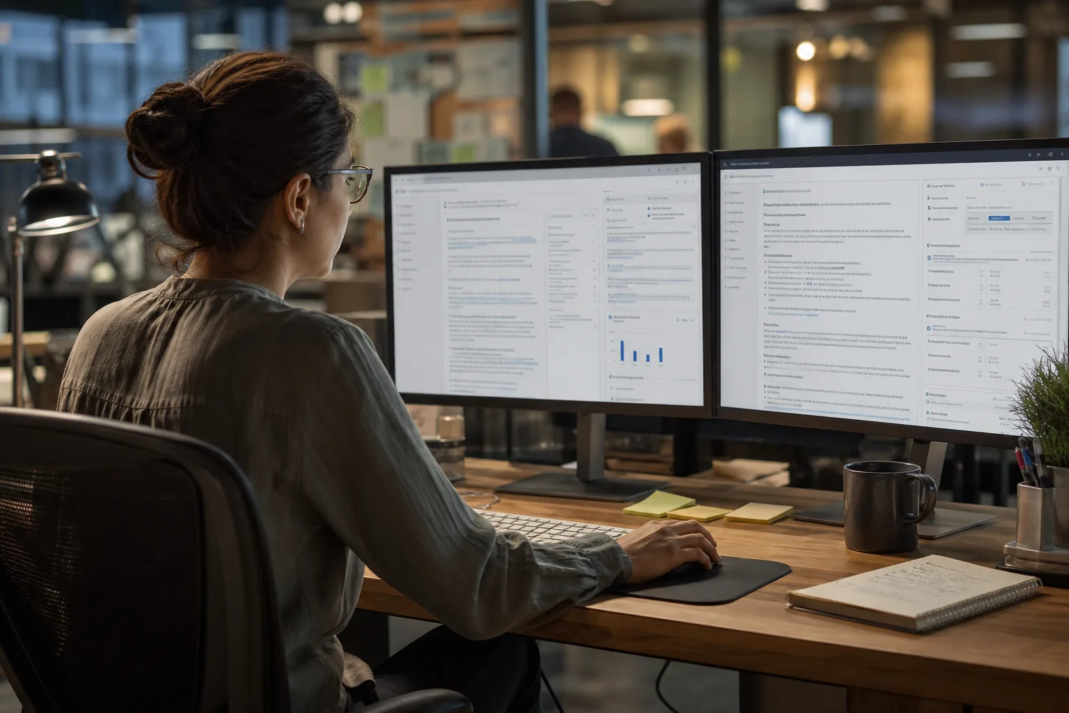 Editor reviewing an autonomous SEO content engine brief on dual monitors before publish