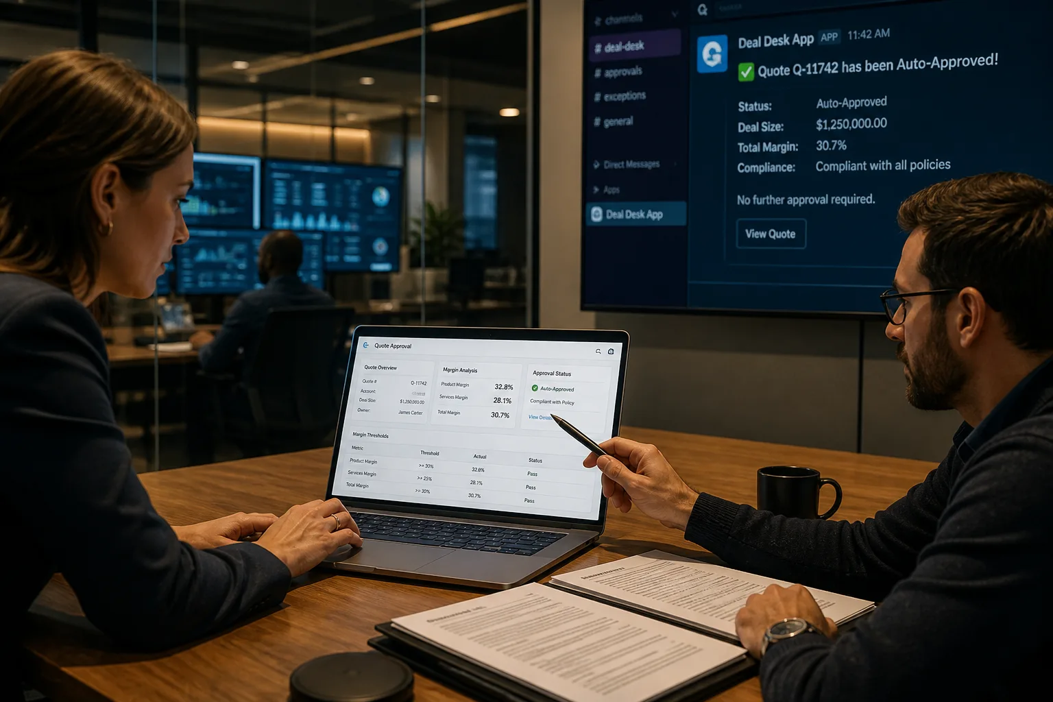 Revenue operations team using B2B deal desk automation with AI agents on a quote dashboard