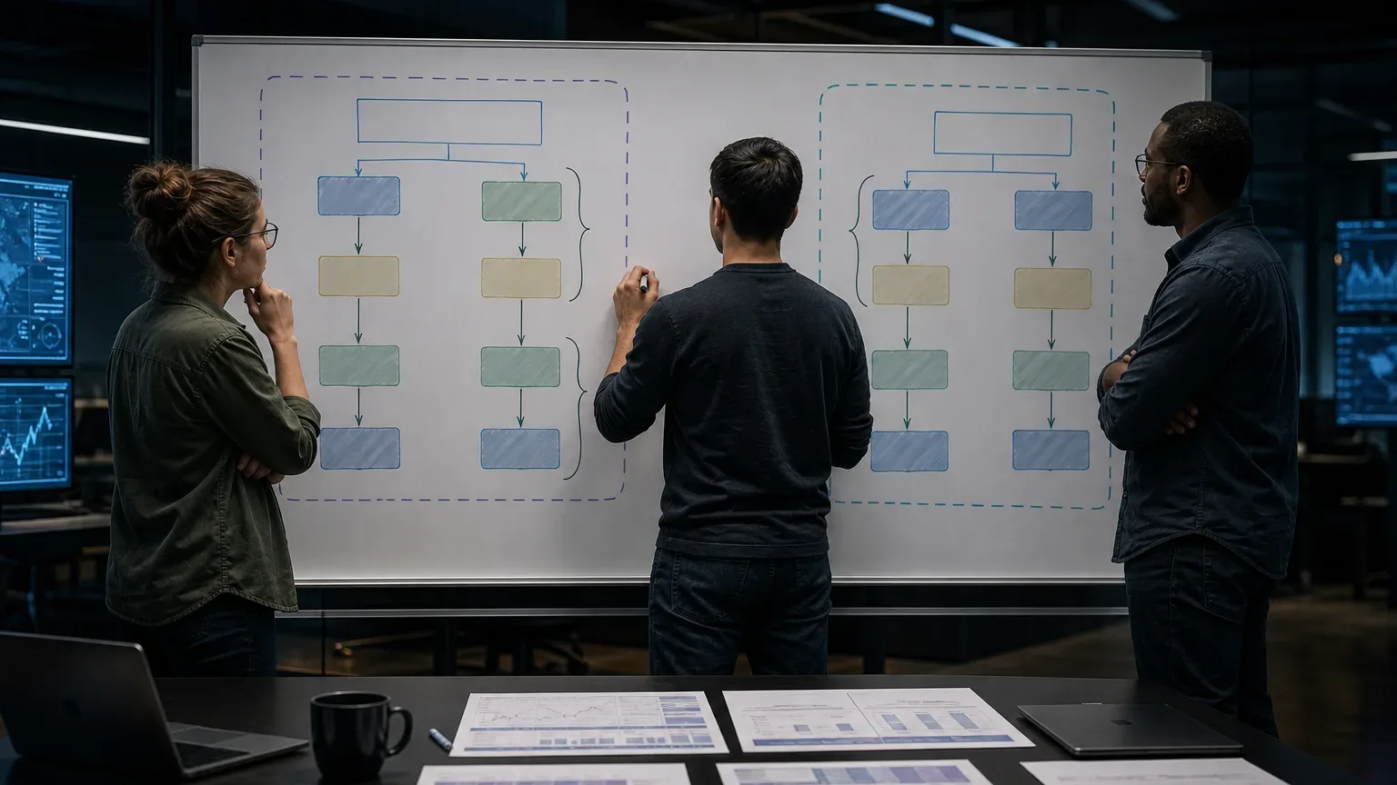 Engineers grouping Grok AI vs Claude vs ChatGPT query order beside the ChatGPT-second ordering on a comparison desk