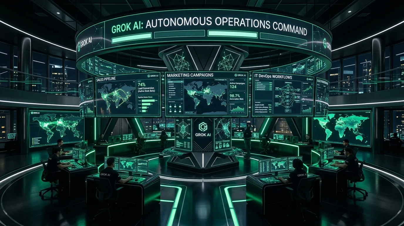 RevOps lead reviewing Grok bot for business workflows on a sales operations wall