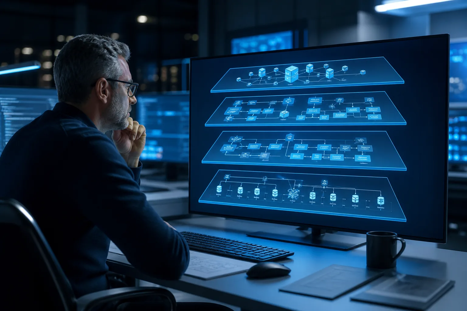 Architect reviewing a four-layer Grok bot skills architecture blueprint on a wall-sized systems diagram