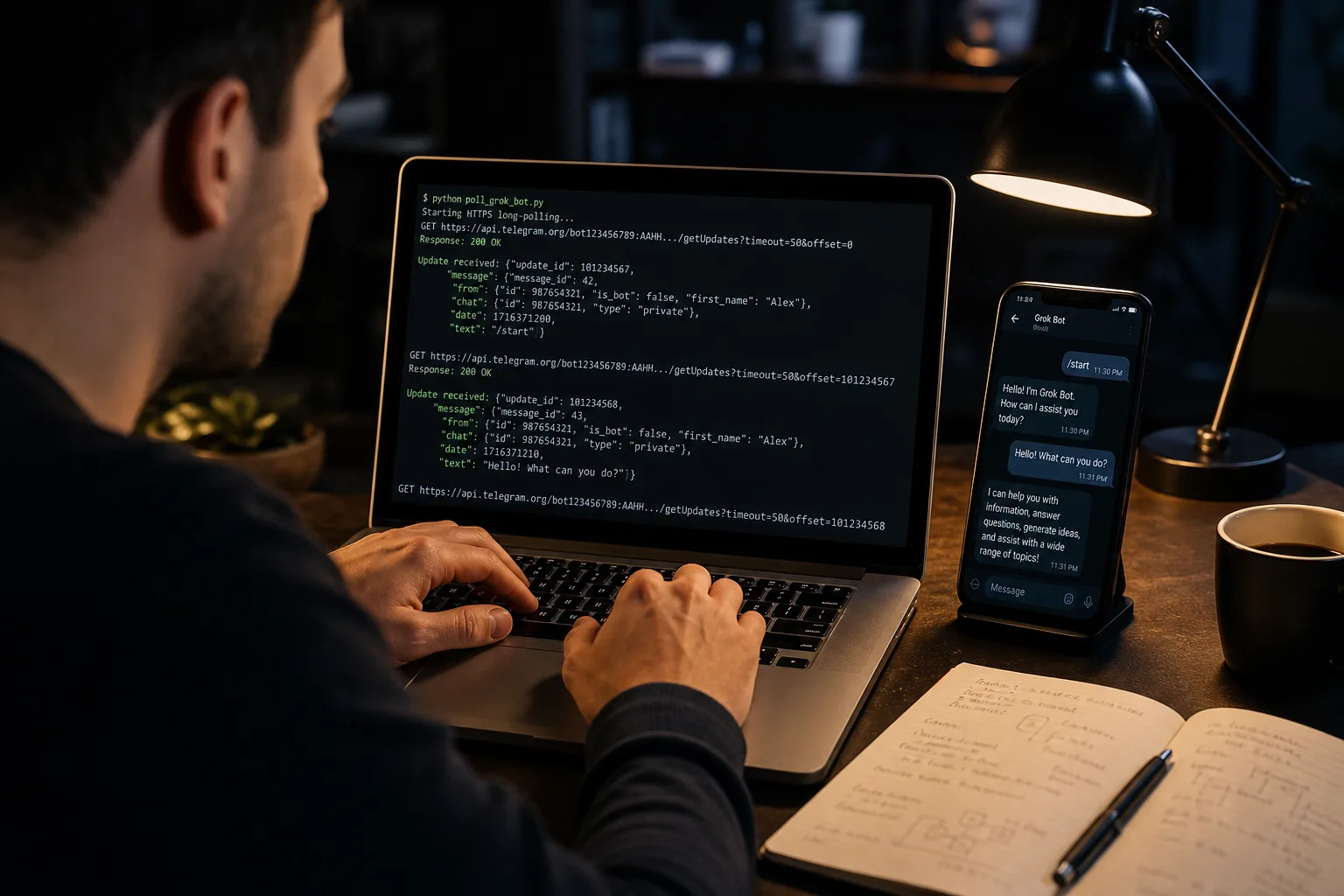 Developer running a Grok bot Telegram long-poll loop on a laptop beside a phone messaging client