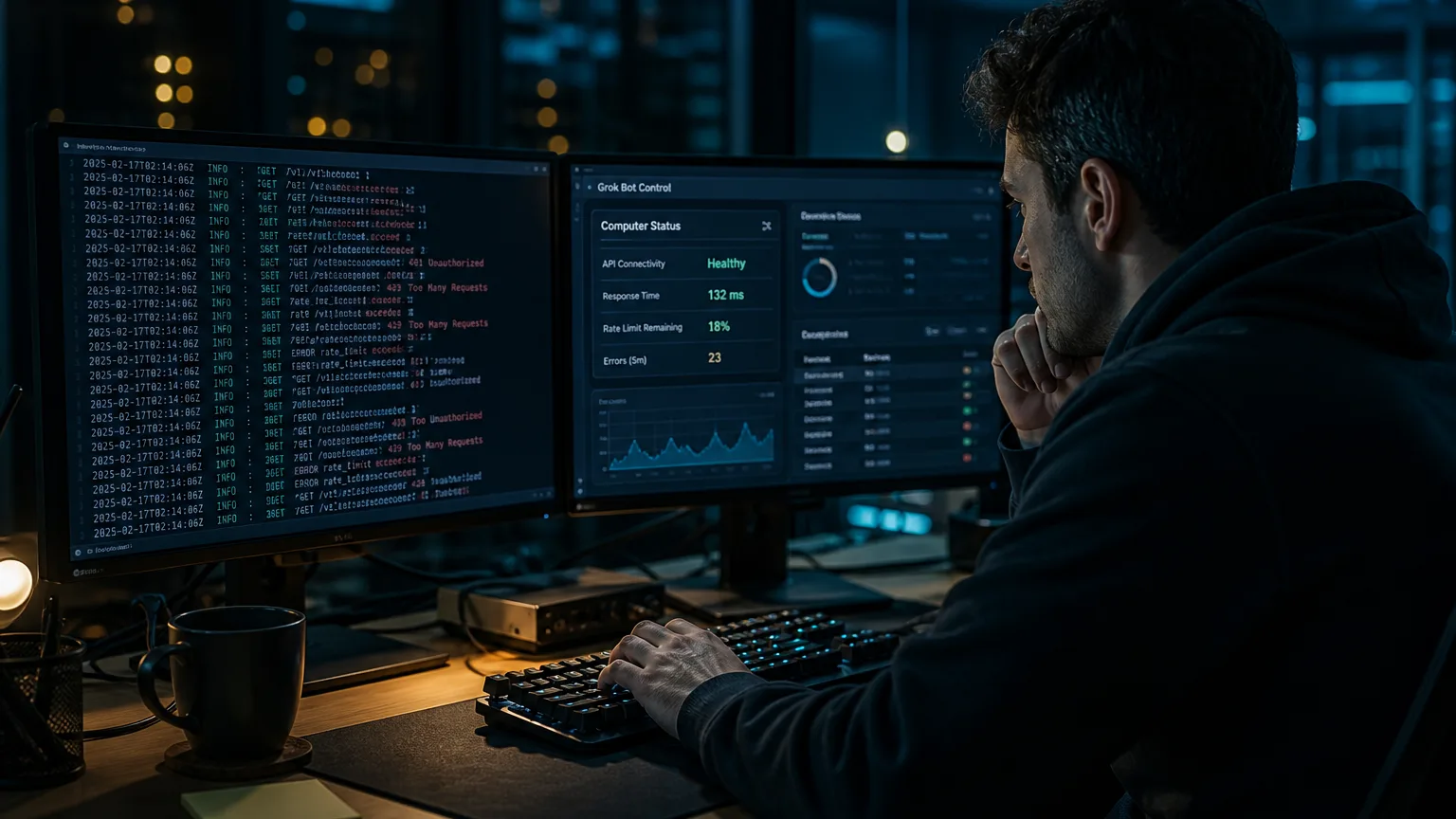 Engineer doing Grok Bot troubleshooting at a dual-monitor ops desk with HTTP status codes on one screen