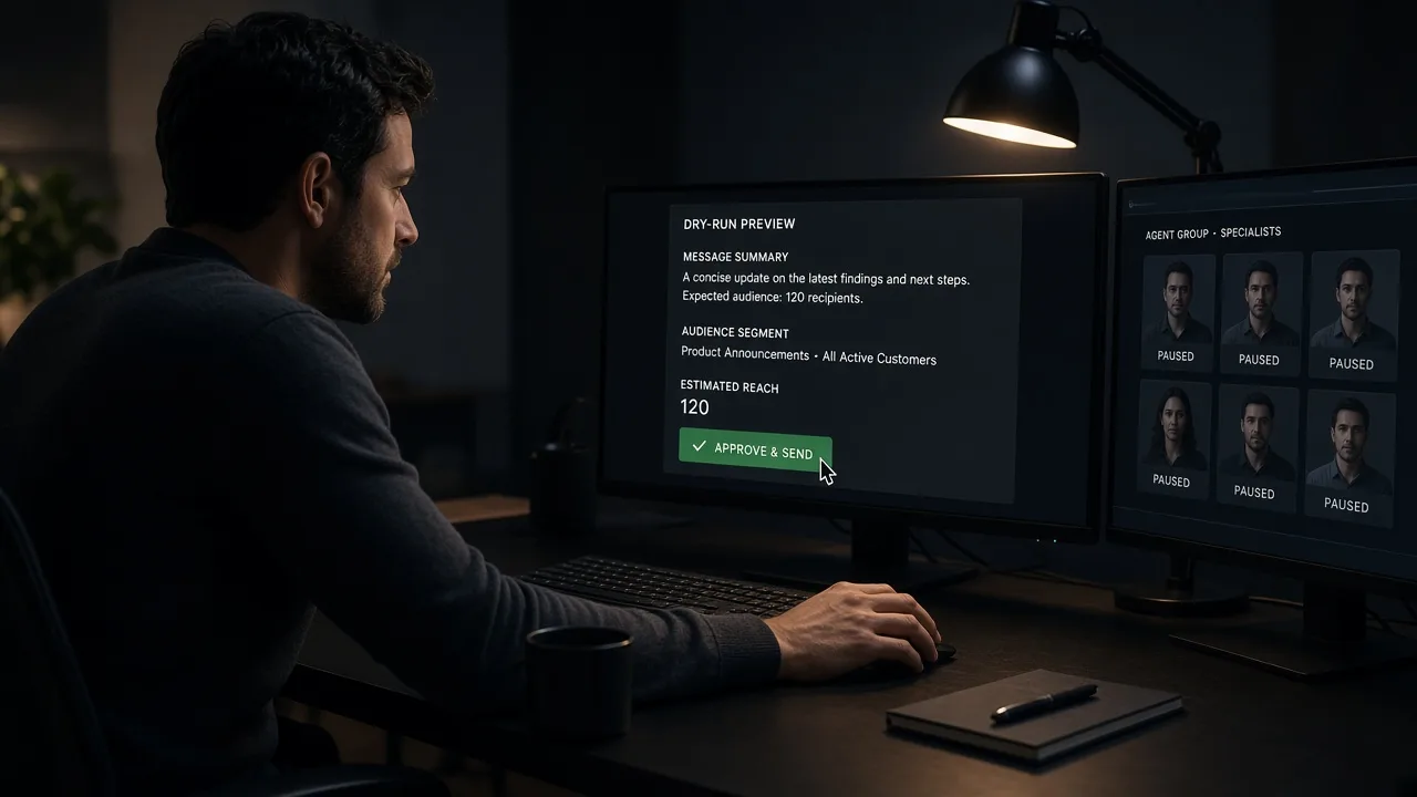 Operator approving a single Grok Bot dry-run card while an AutoGen-style group of agents waits on a second screen