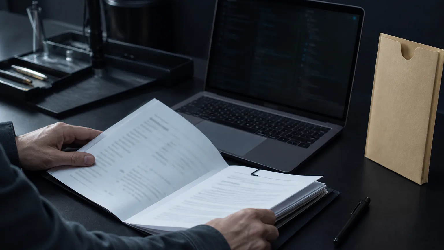 Engineering desk with a laptop and printed skill-folder spec beside a dark terminal