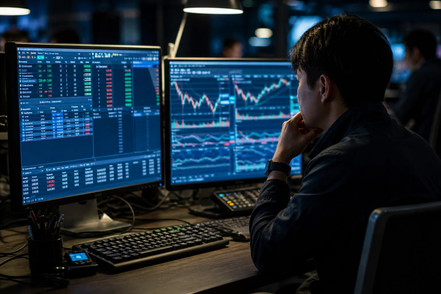 Operator reviewing a Grok trading bot dry-run order preview on a multi-monitor trading desk before any live fill