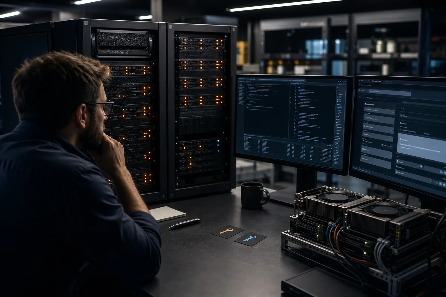 Engineer comparing separate Groq inference hardware and xAI Grok API credentials on a dark workstation