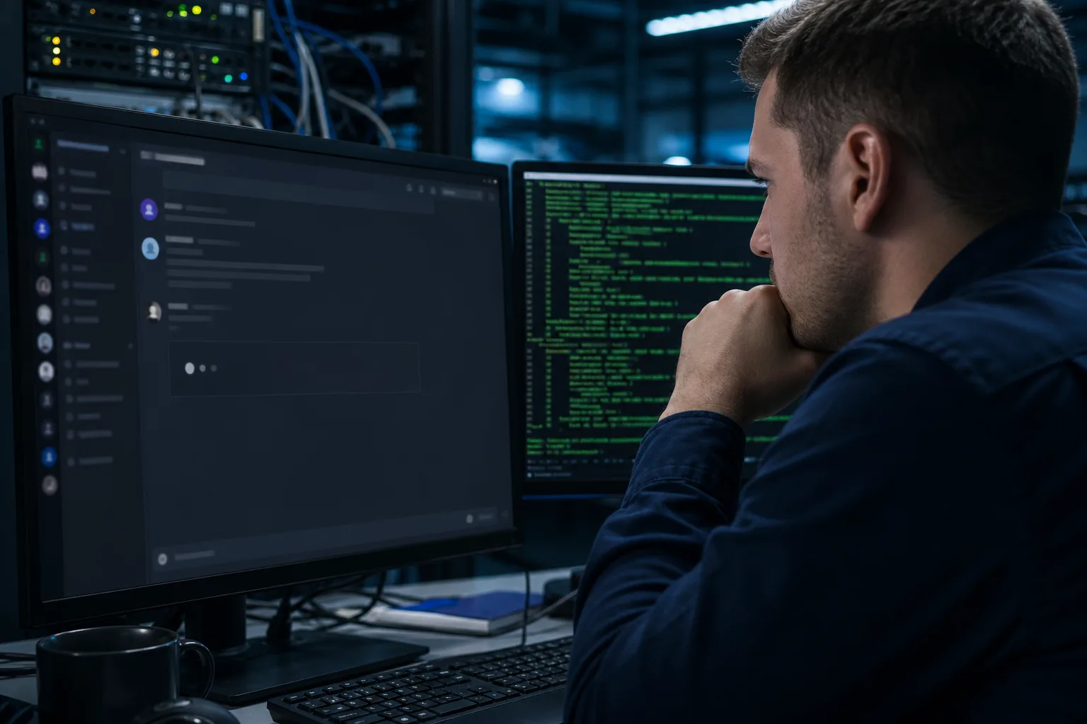Operator watching a chat client loading state while a terminal shows an HTTP interaction callback