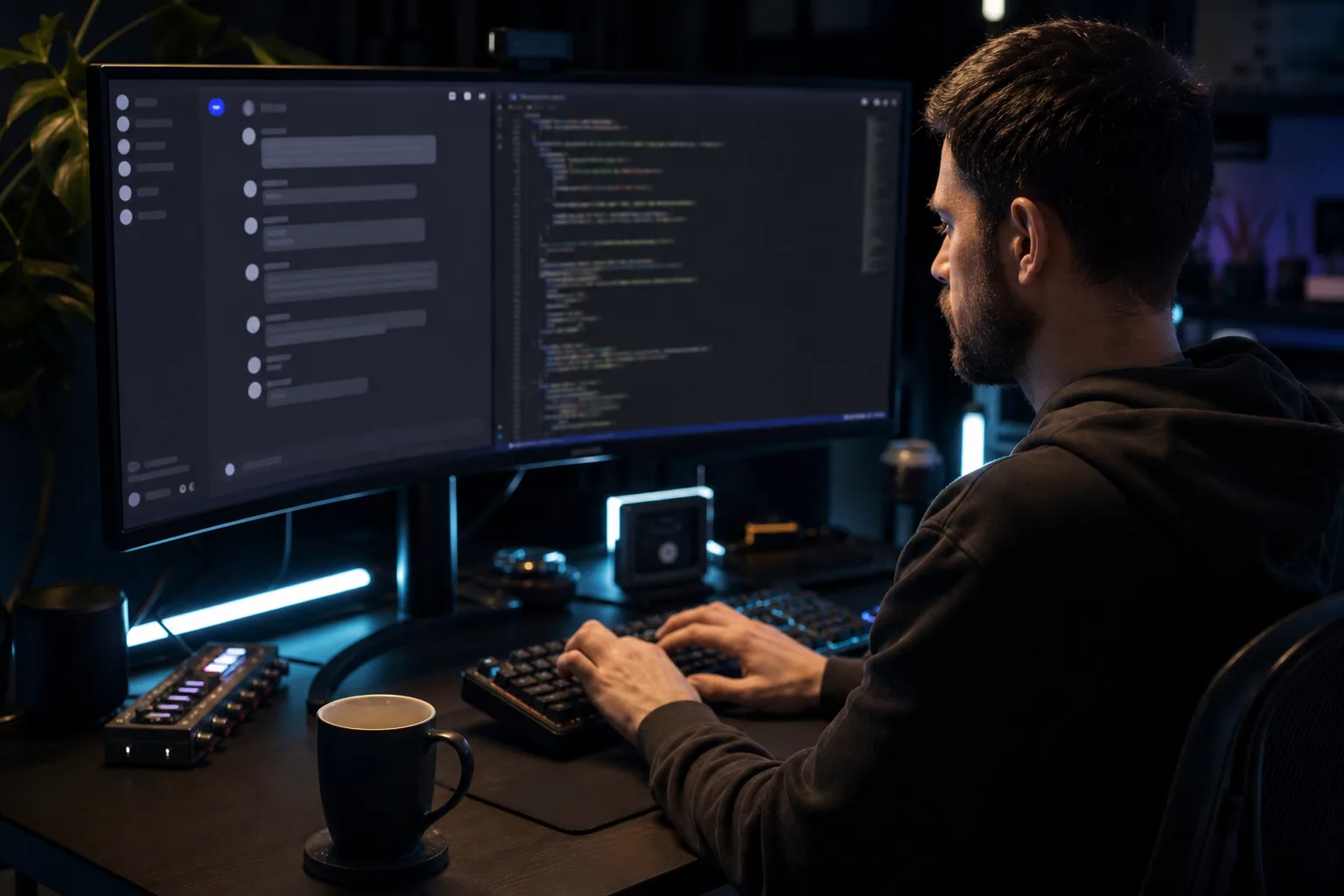 Engineer at a dark workstation building a Grok bot Discord with a chat client and terminal on dual monitors