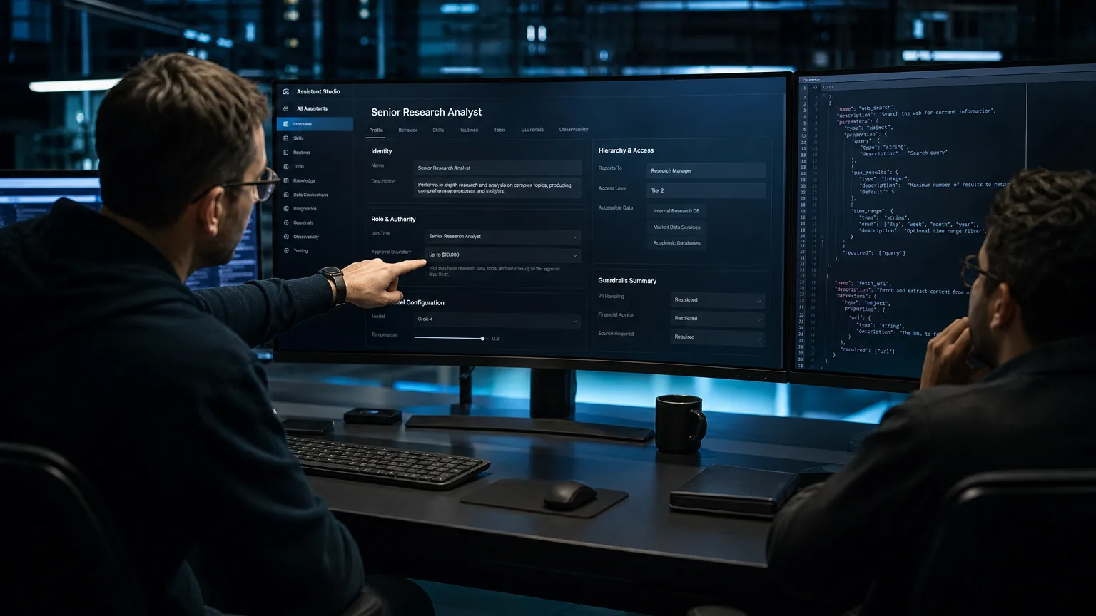 Engineers at a dark workstation showing how to create a custom grok bot with a named agent profile and tool schema