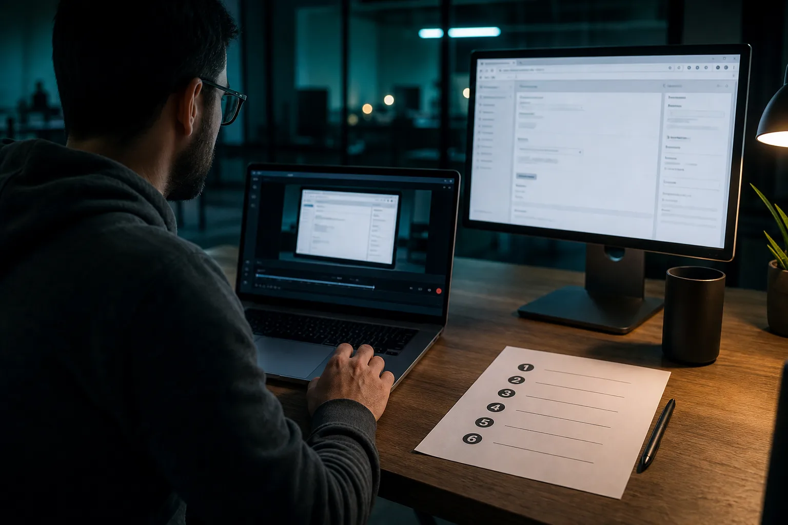Engineer recording a Teach a task browser workflow on a dual-monitor desk