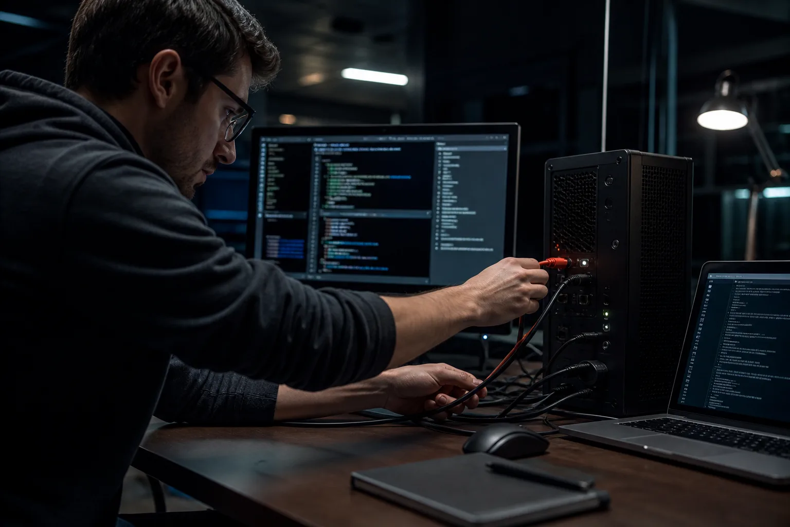 Developer connecting a local MCP tool server process to a Grok agent workstation