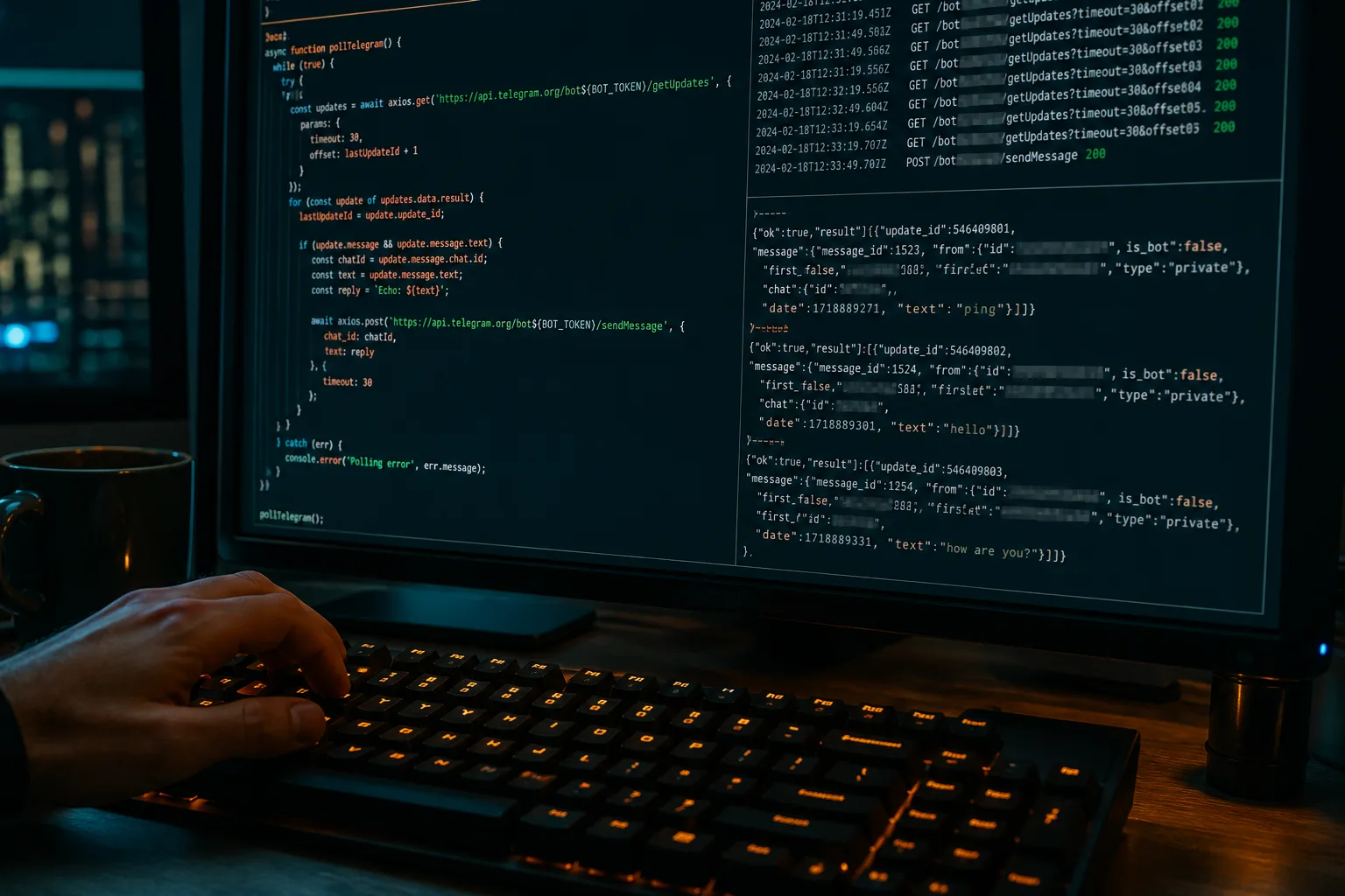 Close-up of a terminal running getUpdates long polling and sendMessage against api.telegram.org