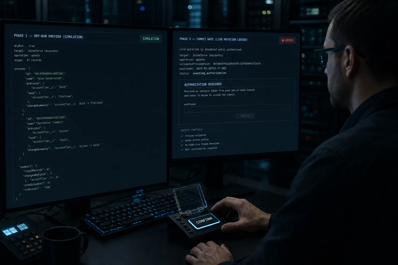 Operator reviewing two-phase dry-run mutation safeguards before a Salesforce commit