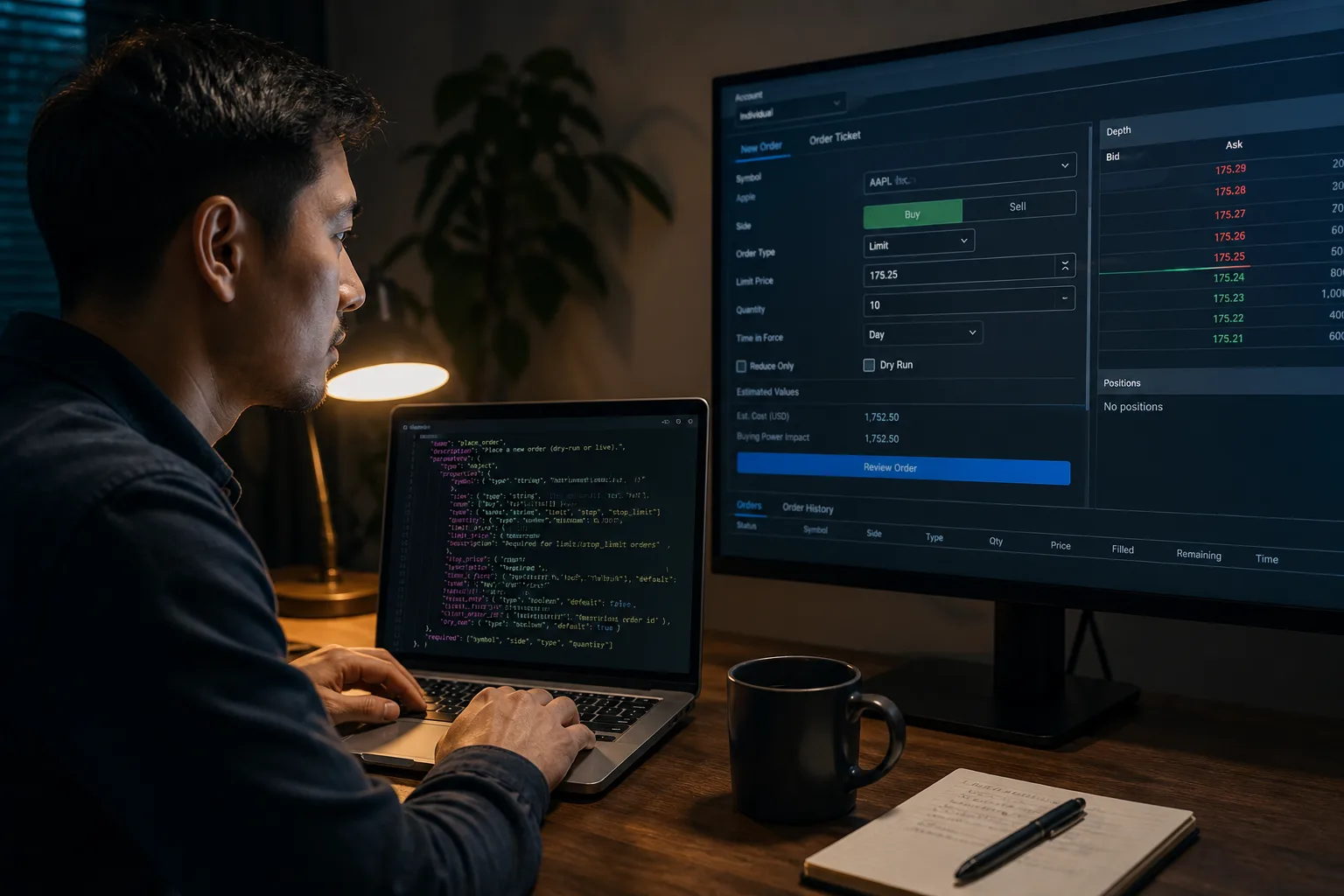 Engineer mapping an xAI function-calling tool schema to a paper-trading order preview on a laptop